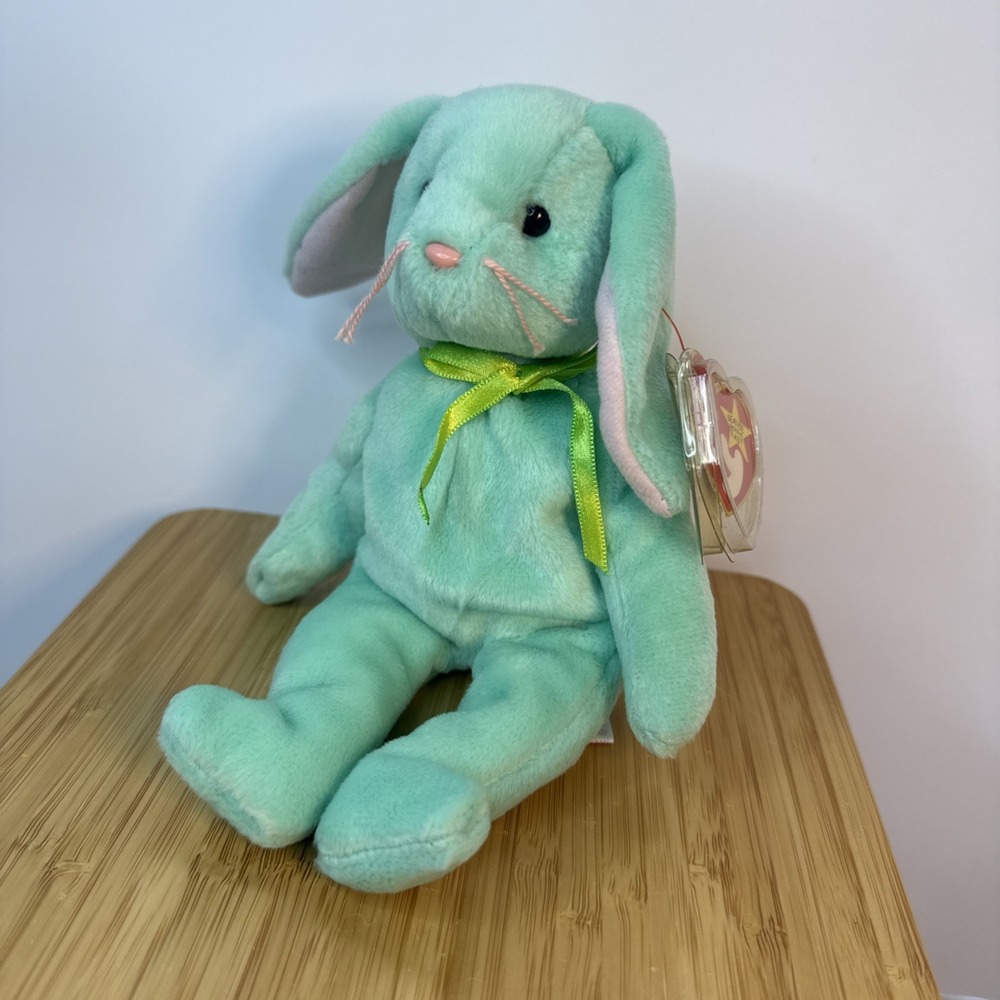 Ty Hippity Rabbit Beanie Baby Plush Misprinted-Tag Errors 1996 Green Bunny